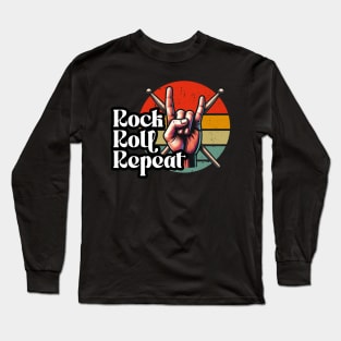 Rock Roll Repeat - Retro Drum Stick Art - Percussion Player Long Sleeve T-Shirt